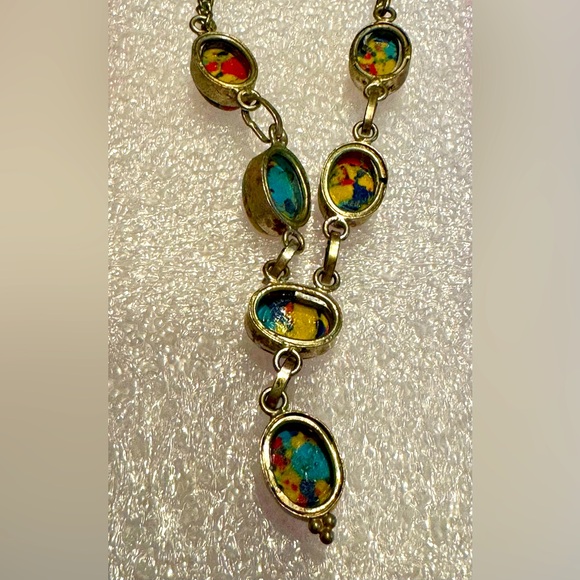 Agate necklace set w/red, blue, yellow & sterling silver-16” + matching earrings - Picture 4 of 6